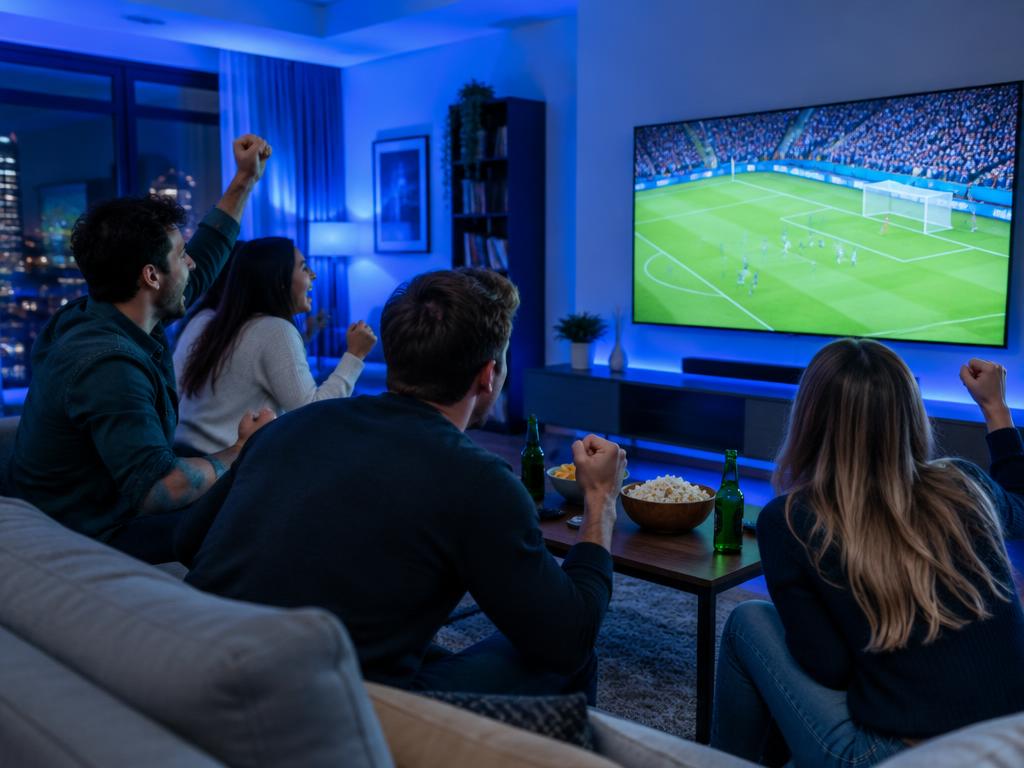 Amis enthousiastes devant un match à la télévision