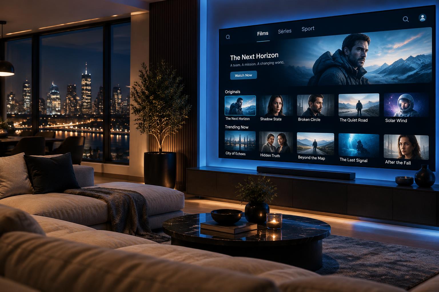 Salon moderne avec un grand téléviseur 4K affichant l'interface de streaming Iron TV Pro